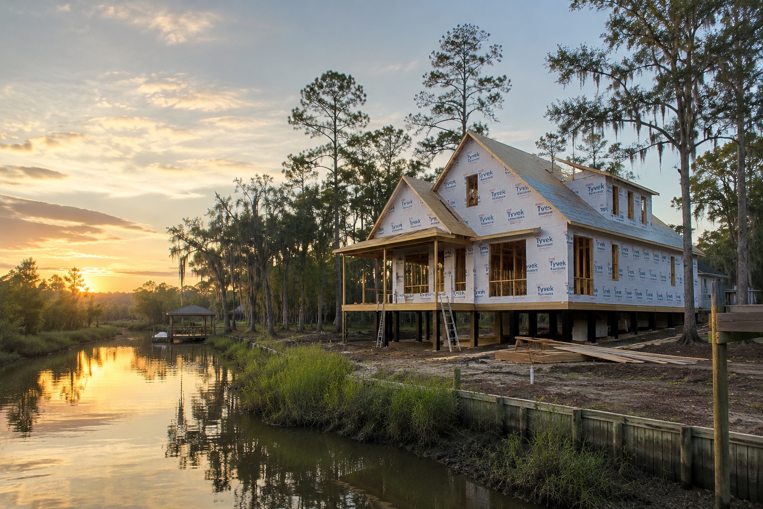 Post construction home near bayou